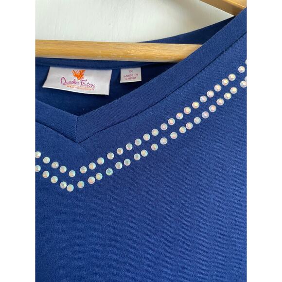 Quacker Factory 3/4 sleeve knit top rhinestones purple cotton lightweight 1X - Picture 3 of 8